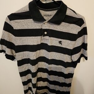 Express Men's Black and Gray Striped Polo Shirt